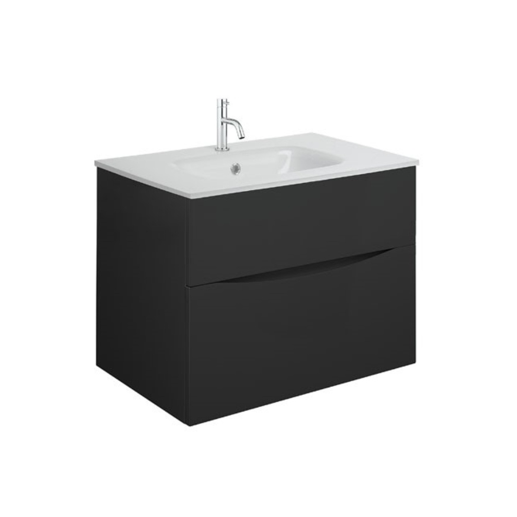 Product Cut out image of the Crosswater Glide II Matt Black 700mm Double Drawer Unit with Ice White Glass 1 Tap Hole Basin